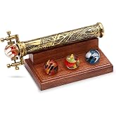 Brass Kaleidoscope | Vintage Antique Etched Brass Design | Interchangeable Marble Scope | Includes Wooden Display Stand | 8x3x3 Inches | Perfect for Collectors, Home Decor &amp; Nautical Gift