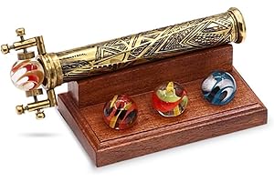 ROORKEE INSTRUMENTS (INDIA) A NAUTICAL REPRODUCTION HOUSE RII Brass Kaleidoscope | Vintage Antique Etched Brass Design | Interchangeable Marble Scope | Includes Wooden Display Stand | 8x3x3 Inches | Perfect for Collectors, Home Decor & Nautical Gift