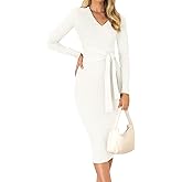 ZESICA Women's 2026 Spring Sweater Dress V Neck Long Sleeve Ribbed Knit Tie Waist Bodycon Slim Fit Midi Dresses