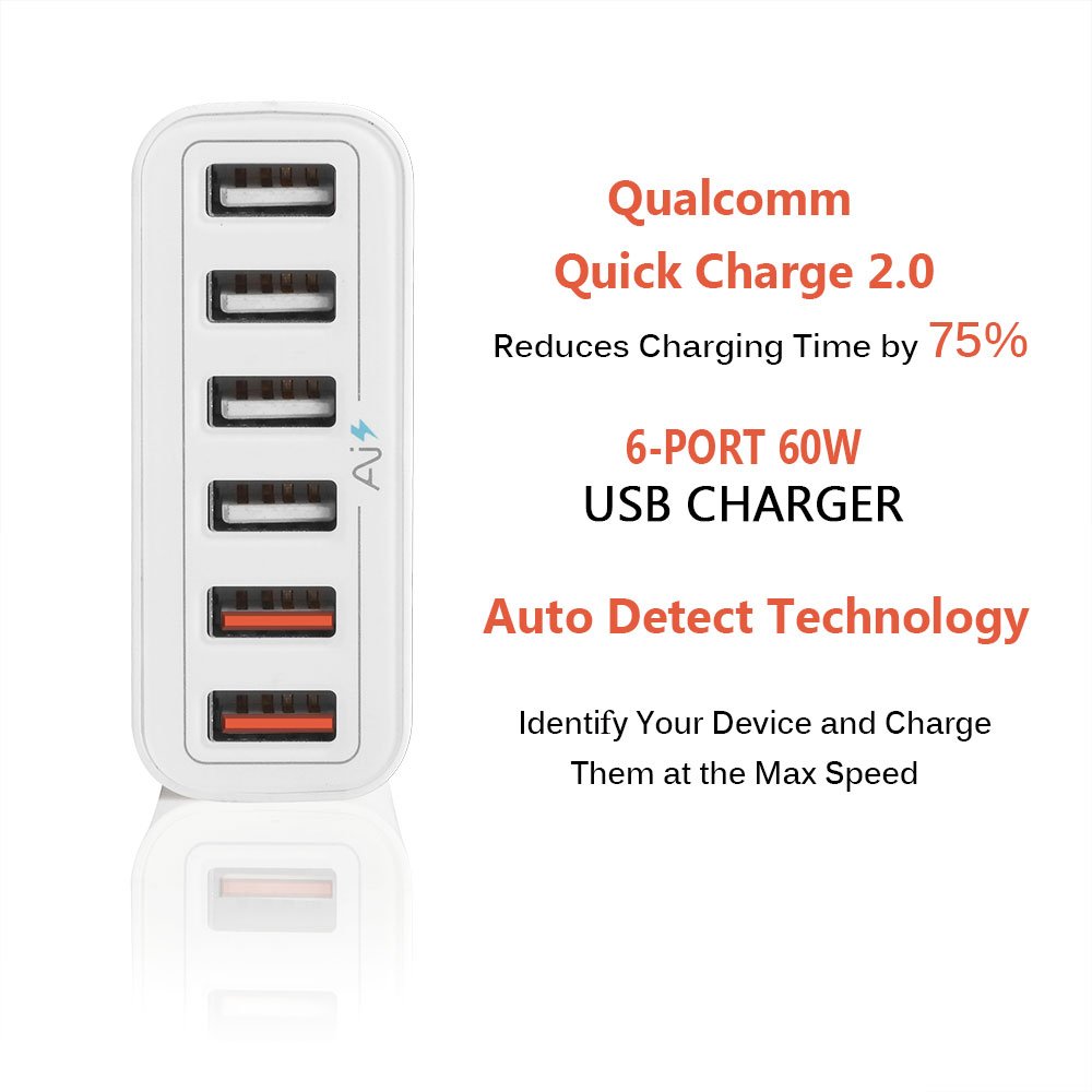 USB Quick Charger - 6 Port Fast Charger (2 x Quick Charge) - 60W USB Desktop Charger Station Wall Charger for iphone, ipad, sumsung, etc