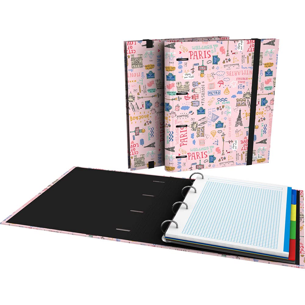 Grafoplás 88102625 4 Ring Binder, A4, Refill Square Sheets, 5 x 5, Dividers, Transparent Envelope, Curved Spine, Carpebook, Epluche Collection, Paris