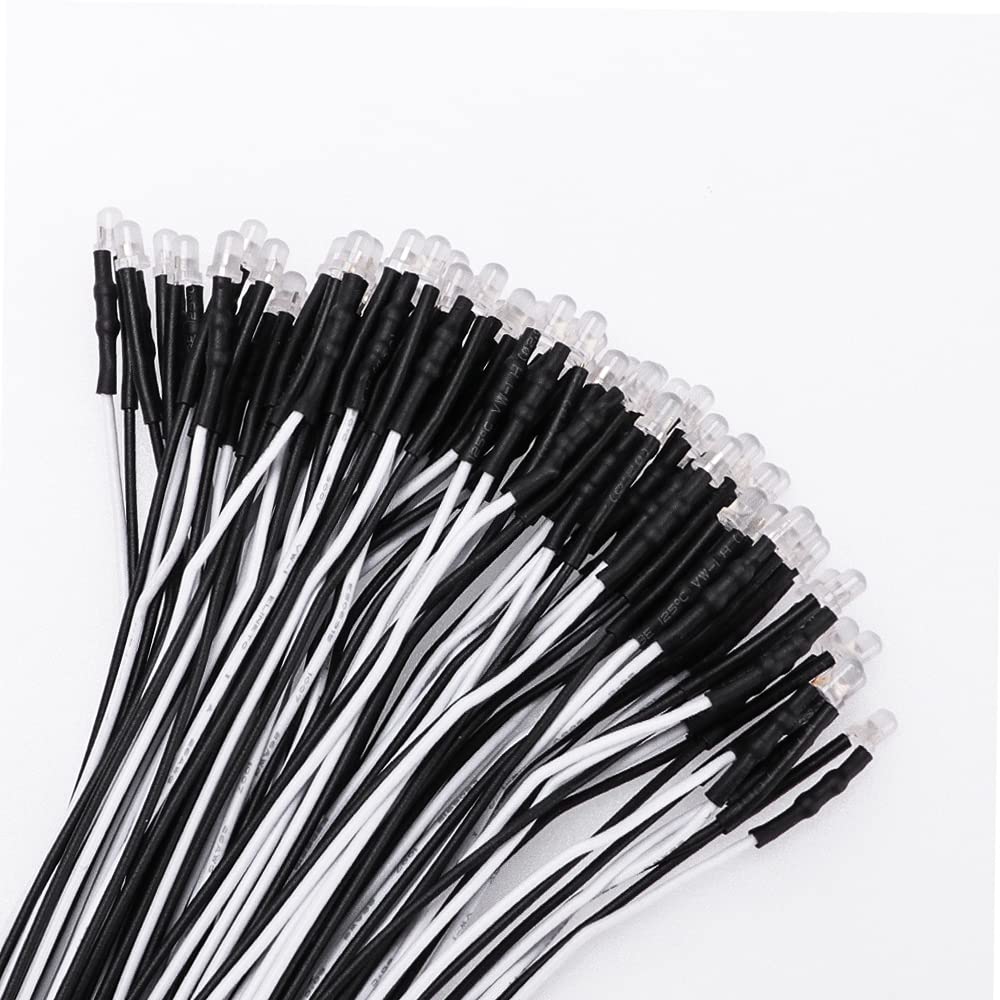 YIXISI 50 PCS 3mm LED Diodes Light with Diffused Colored Lens, Ultra Bright 12V 20cm Pre Wired, White