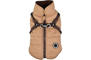 Puppia Mountaineer Winter Dog Coat with Integrated Harness No Pull Cold Weather Waterproof Warm Fleece Back Zipper for Small & Medium Dog, Beige, Large
