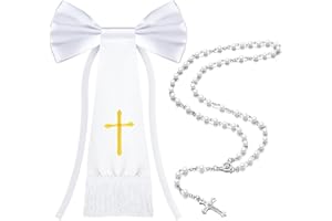 Hinly 2 Pcs 11 Inches First Communion Boy Arm Band Accessories 19.7 Inches Rosary Bead Catholic Polyester Crucifix Embroidered Boy White Armband for Boys or Girls Catholic Church Centerpiece Gift