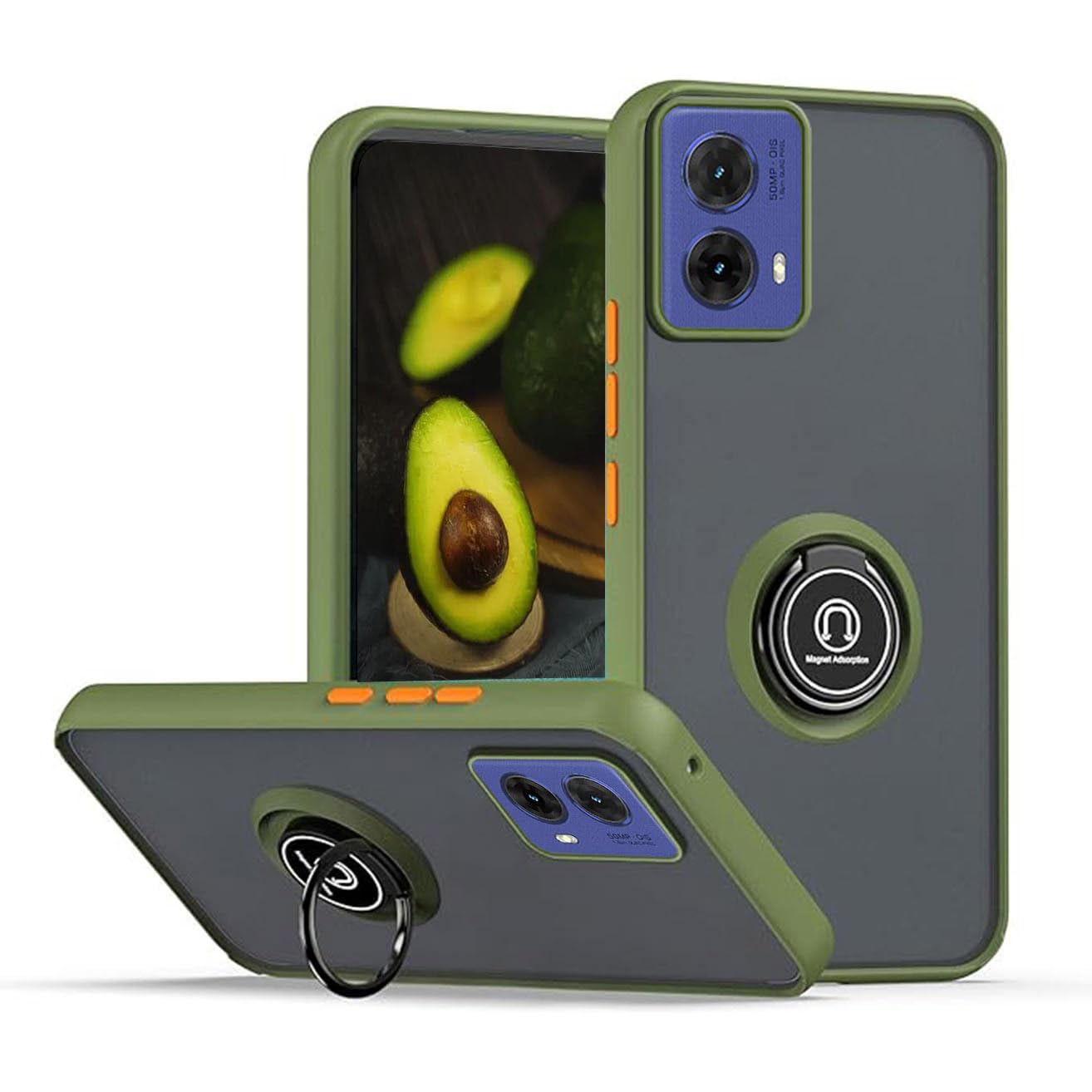 YUEQIAN Case for Motorola Moto G85 5G, 360°with Rotation Finger Ring Magnet Car Holder Shockproof Case, Matte Hard PC + soft TPU Dual Bumper Anti-Drop Cover, Army green