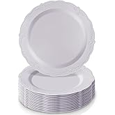 Silver Spoons Vintage White Plastic Dinner Plates Set of 10 – 10.25 Inch Party Plates with Scalloped Edges – Elegant Look for Tea Parties, Bridal Showers, or Everyday Use