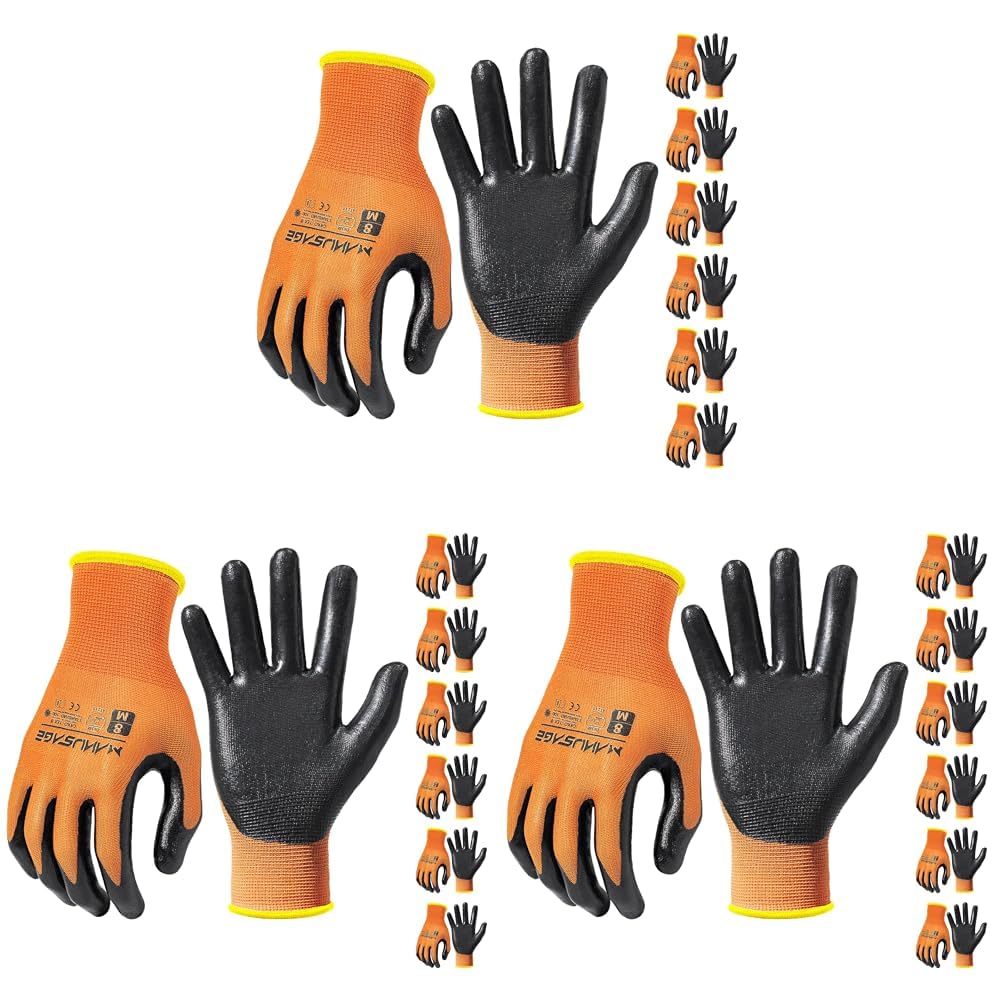 MANUSAGE Safety Work Gloves for Men and Women - Nitrile With Touchscreen Fingers and Grip - Mechanics Gloves (Size XL, Orange, 6-Pairs) Image