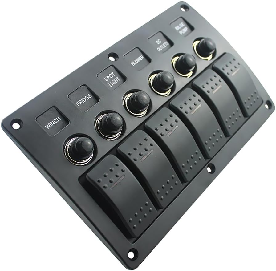 perfk 6 Gang Rocker Switch Panel Waterproof for Car Trailer Marine Boat, 12V/24V Circuit Breaker, Red LED Indicator