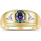 Rylos Men's Rings Classic Design 8X6MM Oval Gemstone & Sparkling Diamond Ring - Color Stone Birthstone Rings for Men, Yellow Gold Plated Silver Rings in Sizes 8-13.