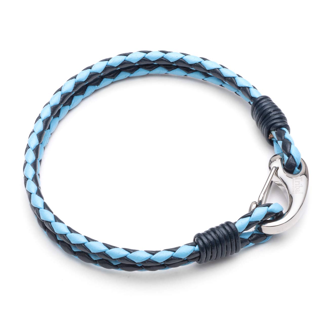 Tribal Steel 3mm Plaited Leather Bracelet. Blue Braided Leather 2-Strand, Stainless Steel shrimp clasp, 19cm with Secure Easy to Use Clasp. Great Gift by Tribal Steel