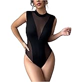 Milumia Women's Sexy Sheer Mesh Bodysuit Mock Neck Sleeveless Night Out Tank Tops