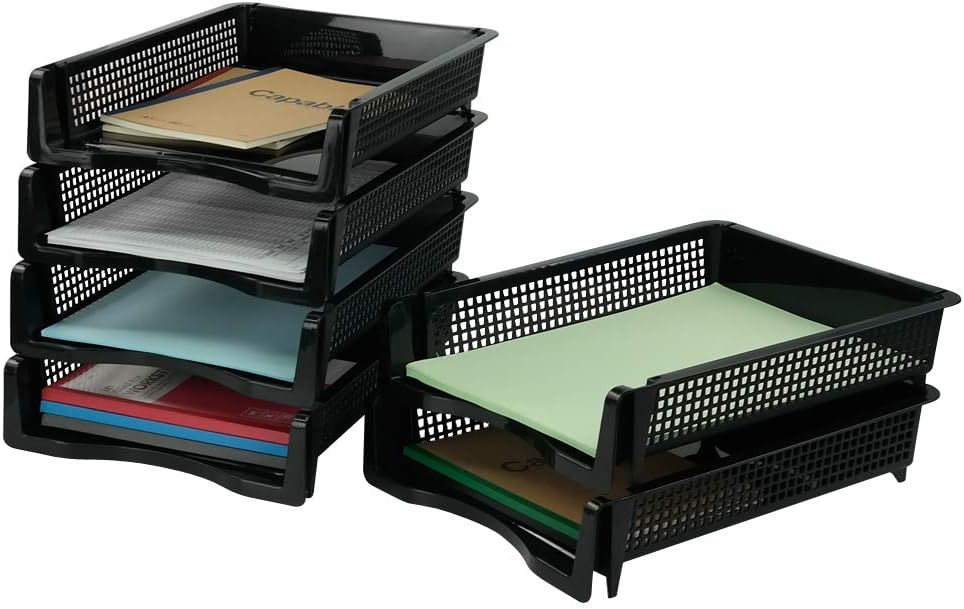 Qsbon 6-Pack Black Plastic Stackable Paper Tray/Basket