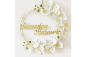 TIKITUP Ramadan Mubarak Wreath, Wreath Ramadan Decorations for Home Front Door, Round Metal Hoop Floral Hanging Garland, for Wall Window Indoors Outdoor Farmhouse Decor