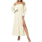 OULESIS Women Boho Maxi Dress Sexy Off Shoulder Long Sleeve Smocked Flowy Dresses A Line Tiered Sundress Slit Wedding Dress