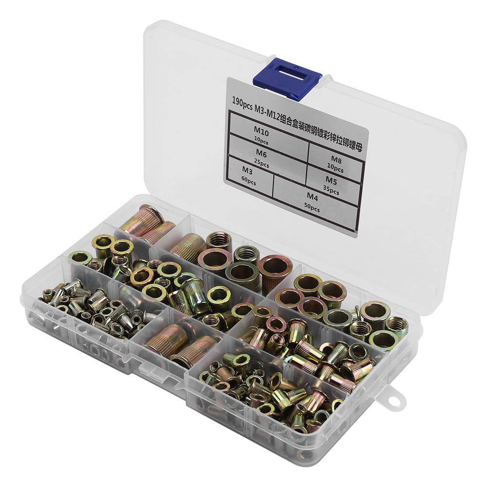 190Pcs M3M12 Plated Carbon Steel Flat Threaded Rivet Nut Flange Rivnut Nutsert Fastener for