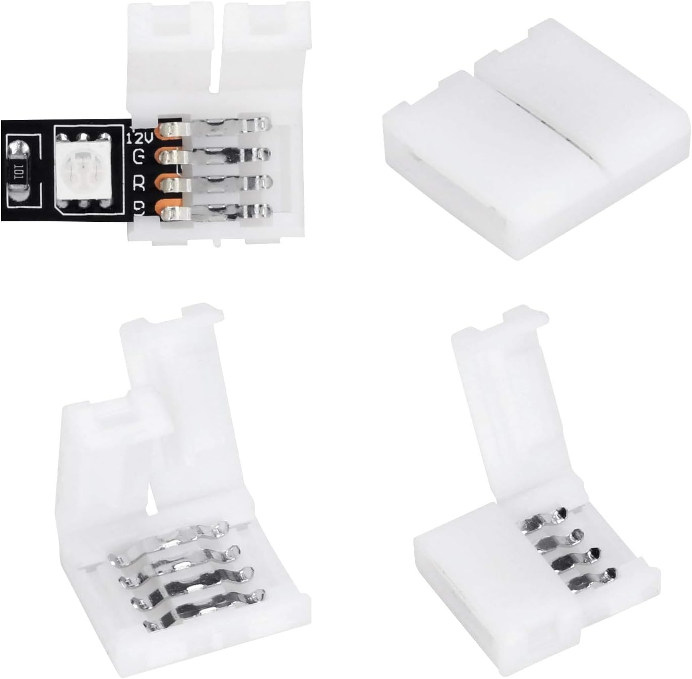 10Packs 4-Pin RGB LED Light Strip Connectors 10mm Unwired Gapless Solderless Adapter Terminal Extension for SMD 5050 Multicolor LED Strip (10Pack 4PIN RGB Connector) - - 