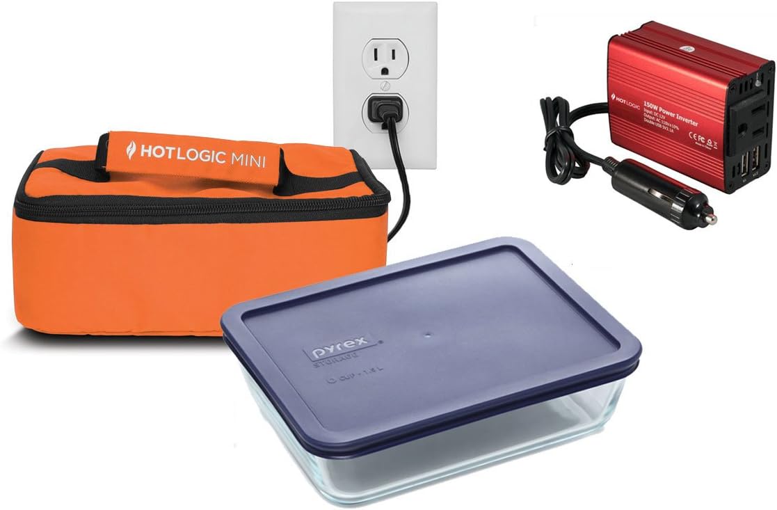 Hot Logic Mini -Deluxe Package with 6 Cup Glass Dish and 150Watt Hot Logic Power Inverter For Vehicle Use - Orange