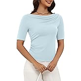 kakola Cowl Neck T Shirts for Women Elbow Sleeve Tops Summer Trendy Fall Y2K Tee Fitted Work Clothes Blue