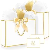 Ethhqu Fancy Large Gift Bags with Handles, 2 Pack 12.6x10x4 Inches - Includes Tissue Paper & Cards for Birthday, Valentine's Day, Baby Shower, Wedding, Anniversary & Holiday Gifts (White and Gold)