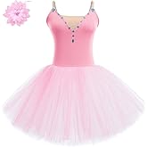 AFAVOM 2PCS Glitter Women Ballet Leotards Long Dance Ballerina Costume Adult Ballet Dress with Hair Clip Camisole Leotard