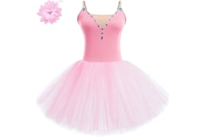AFAVOM 2PCS Glitter Women Ballet Leotards Long Dance Ballerina Costume Adult Ballet Dress with Hair Clip Camisole Leotard