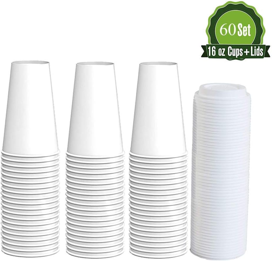 Disposable Hot Paper Coffee Cups,16 oz 60 Count Amsuper Disposable Coffee Cups with Lids for Party, Office, Restaurant, and Togo