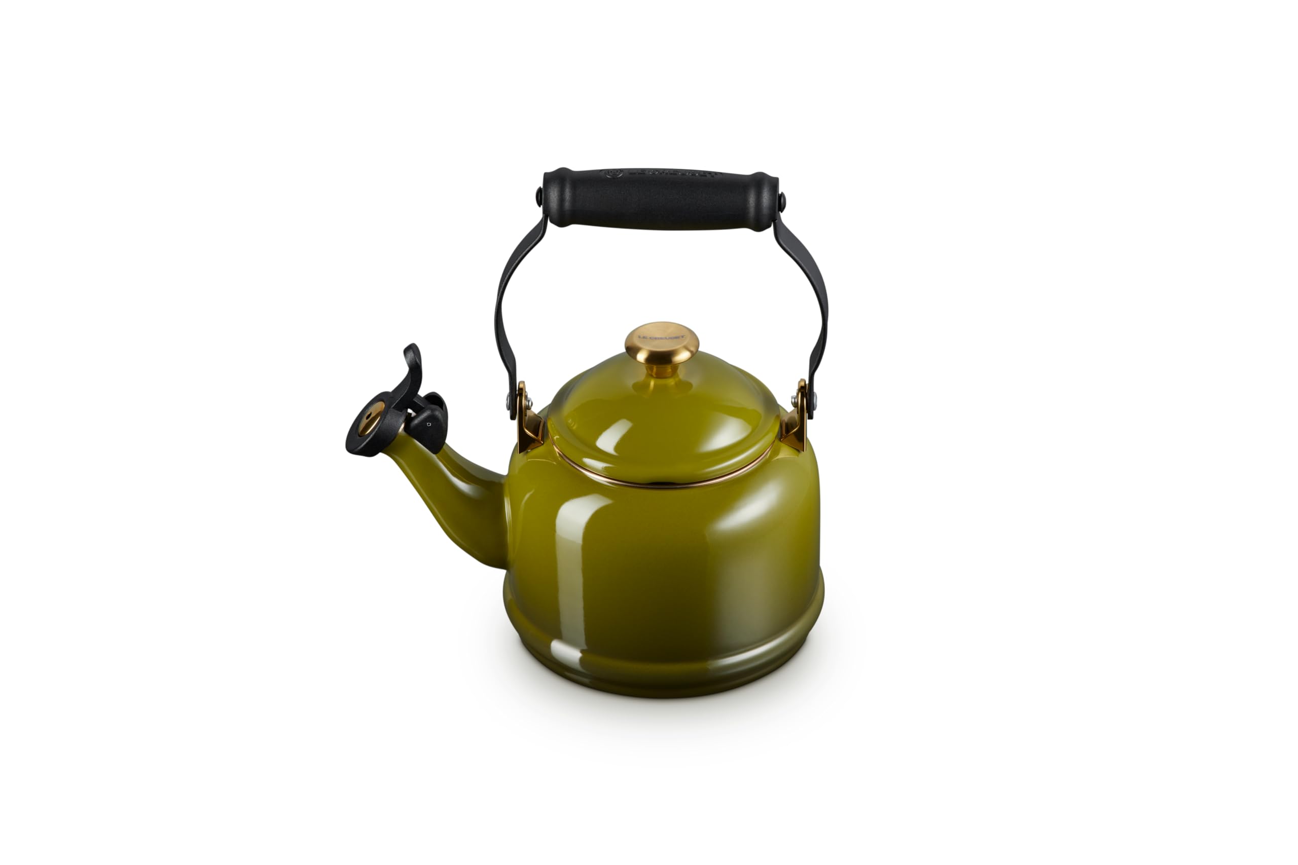 Photo 1 of Le Creuset Enamel on Steel Demi Tea Kettle with Gold Finishes, 1.25 qt., Olive