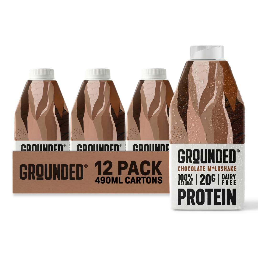 GROUNDED Dairy Free Chocolate Protein Milkshakes 12 x 490ml, 20g Plant Protein Per Bottle, Ready to Drink, Natural Ingredients, Gluten Free, Nutritious Meal Replacement, Made With Cocoa