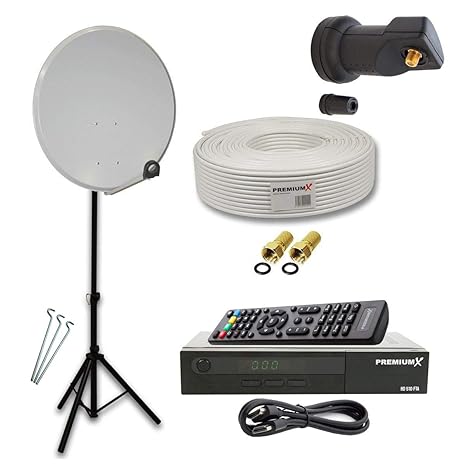 PremiumX Camping Komplett Sat Anlage 45cm Schüssel mit Single LNB FULLHD 3D 4K + 10m Sat-Koaxialkabel mit 2 F-Stecker + Dreib