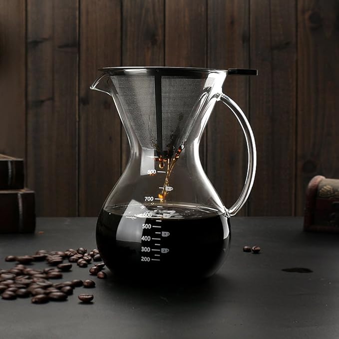 Sheny Pour Over Kaffeebereiter Hand Kaffee Edelstahl Handfilter +Glaskörper (800ml)
