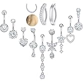 Kysppreu 11 Pcs Belly Button Ring Dangle Stainless Steel Belly Rings 14G Belly Button Piercing Cute Navel Ring Belly Piercing Jewelry for Women