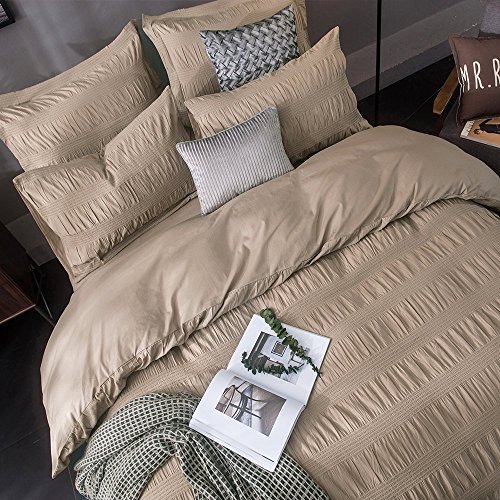 Lausonhouse 100% Cotton Woven Seersucker Stripe Duvet Cover Set - Queen - Khaki