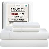 CHATEAU HOME COLLECTION 100% Cotton King Size Sheets Set - 1000 Thread Count Luxury Sateen Weave, Soft Breathable & Cooling, 15" King Sheets Deep Pocket - White