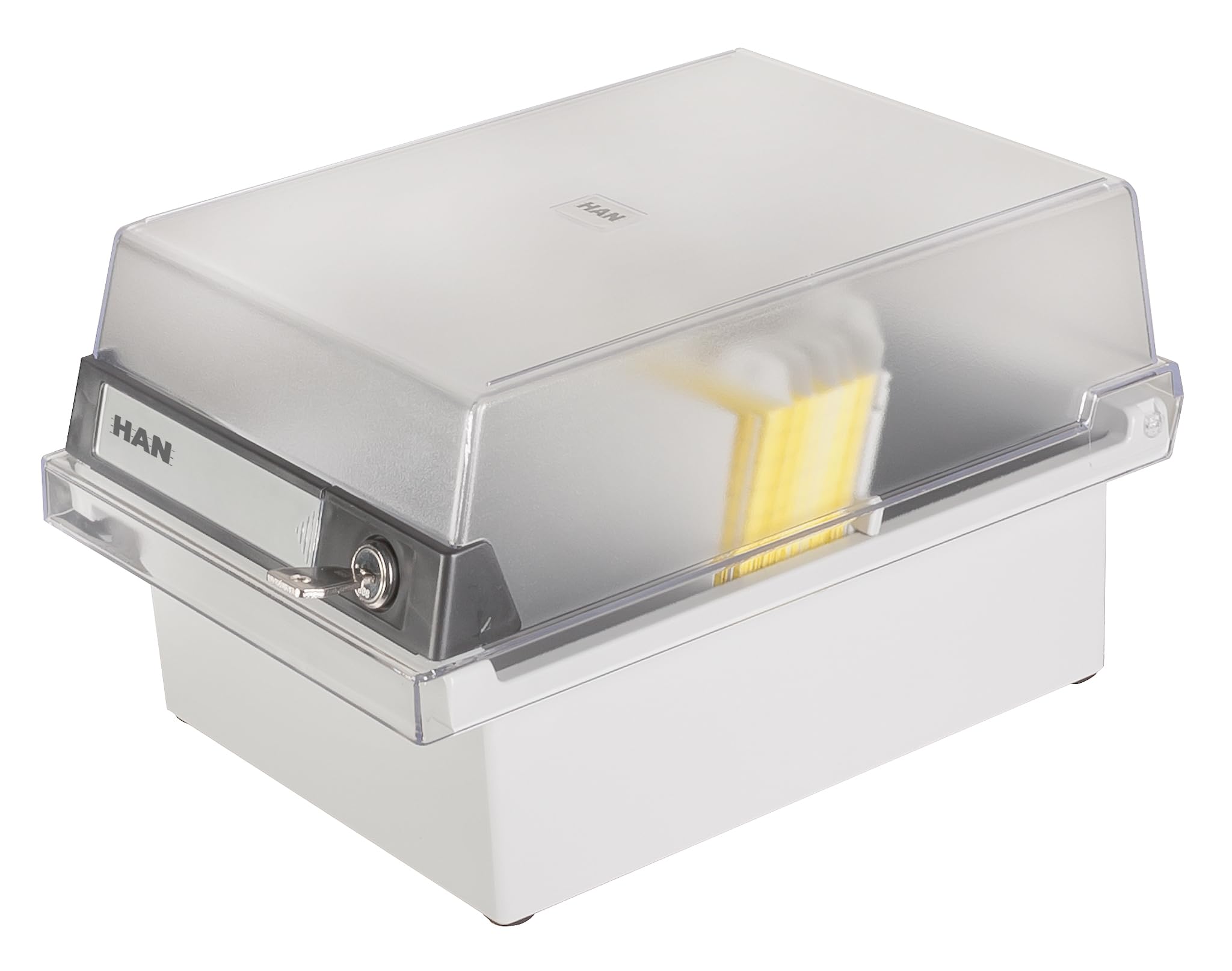 HAN 966-S-631, Card filing box Special Edition A6 landscape. Innovative, attractive design holds 800 cards with lock, readjustable lid supplied with large inscription label, light-grey-translucent