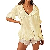 Women Y2k Short Sleeve Lace Blouse Boho Ruffle V Neck Button Down Shirt Asymmetrical Ruffle Hem Babydoll Tops