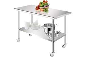 PRIJESSE Stainless Steel Work Table, 48x24 Inch with 4 Wheels, High Grade Food Prep Worktable for Kitchen, Restaurant, Silver