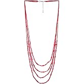 COOLSTEELANDBEYOND Fabulous Red Crystal Beads Statement Necklace Multi-Strand Long Chains Layered Necklace