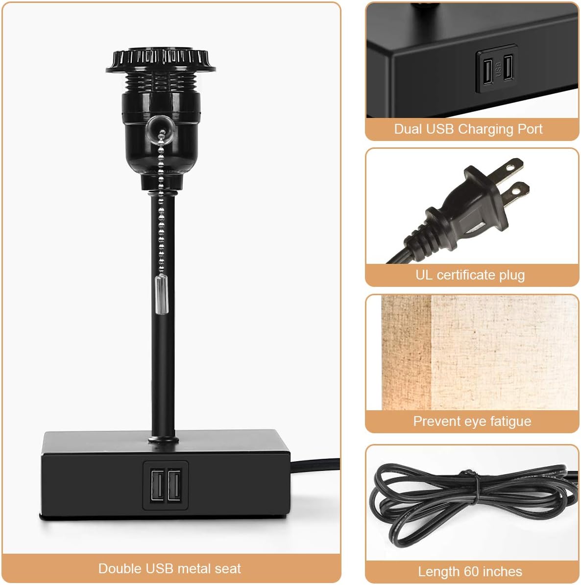 HOKEKI Bedside Table Lamp, with 2 Useful USB Ports, Black Charger Base with Beige Fabric Shade, Modern Desk Lamp for Bedroom, Living Room, Kid's Room, Dorm, Office(1PCS) - - 