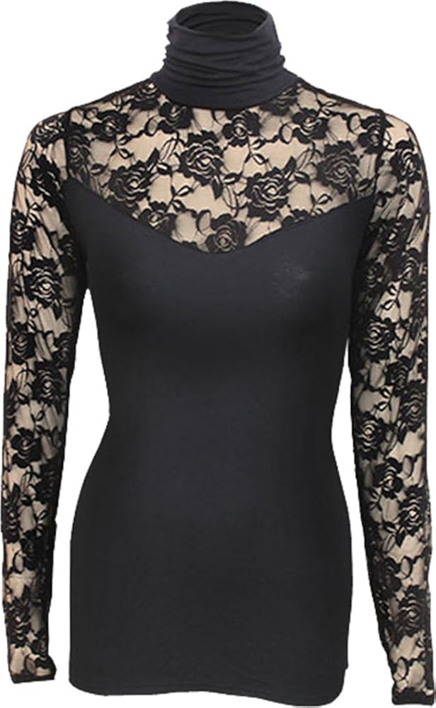 New Womens Spiral Plain Lace Corset Long Sleeve with High Neck Top
