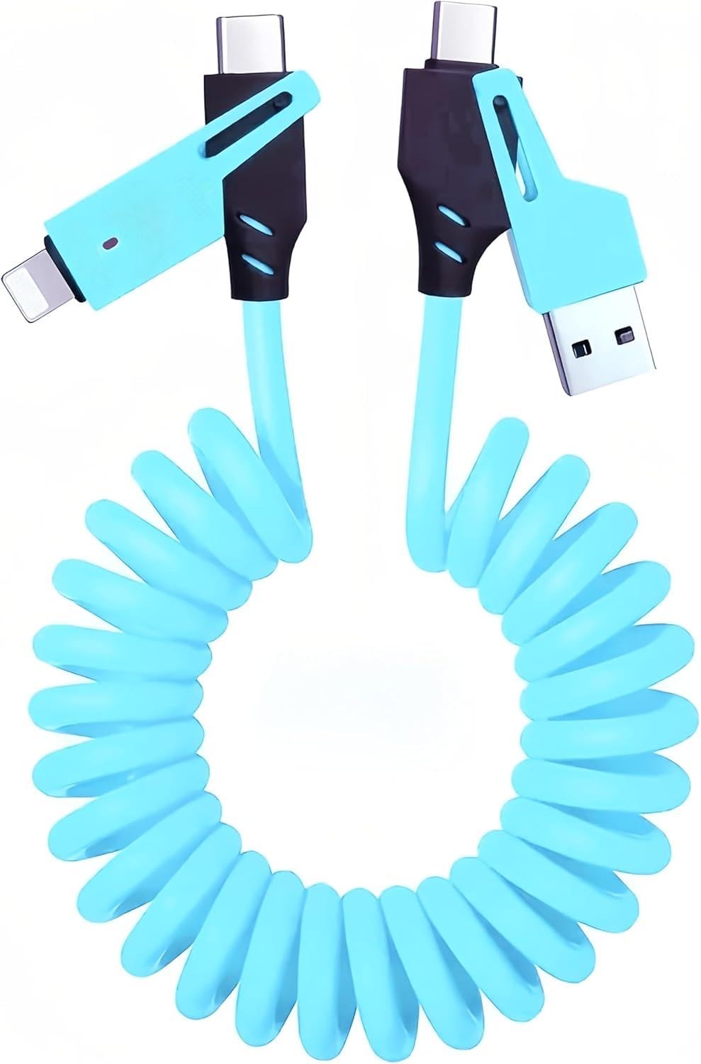 Photo 1 of 1 Pack Spring Retractable Charging Cable for iPhone and Type-C Mobile Phone Accessory, 1 Mobile Phone Charger Wireless Accessory, Blue