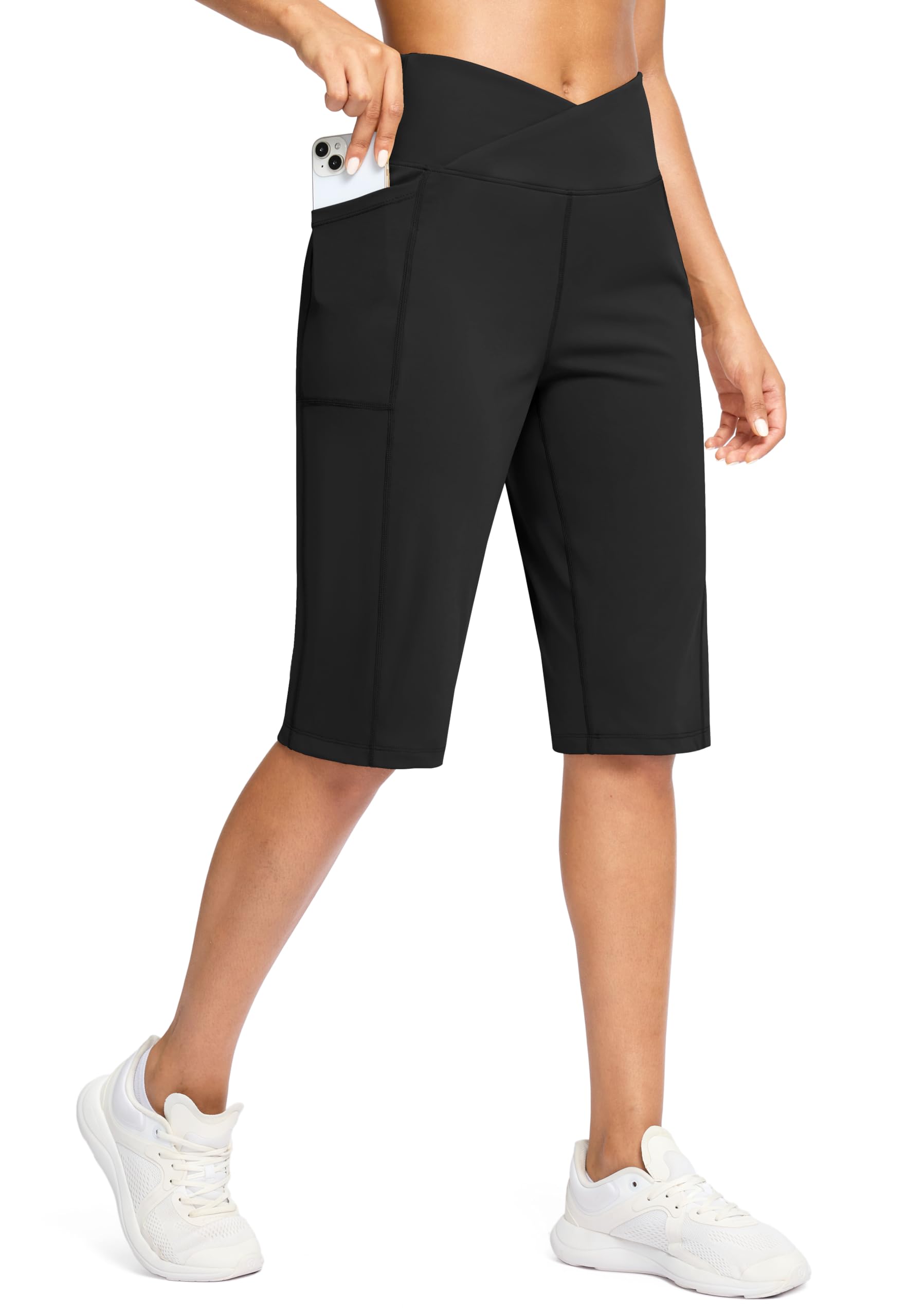 Photo 1 of G Gradual Women's 14" Bermuda Long Shorts Knee Length High Waisted Athletic Shorts with Pockets Stretch Casual Summer Walking(Black,S)