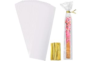Searik 200 Pcs Pretzel Rod Bags 2x10 Inches, Small Clear Individual Plastic Cello Cellophane Treat Bags with Twist Ties for Chocolate Candies Cookies Candy Packaging Wrapping Gift Giving Party Favors