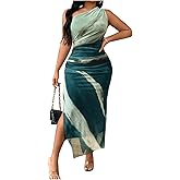 Floerns Women's Plus Size Tie Dye Sleeveless Ruched One Shoulder Slit Evening Maxi Mesh Dresses