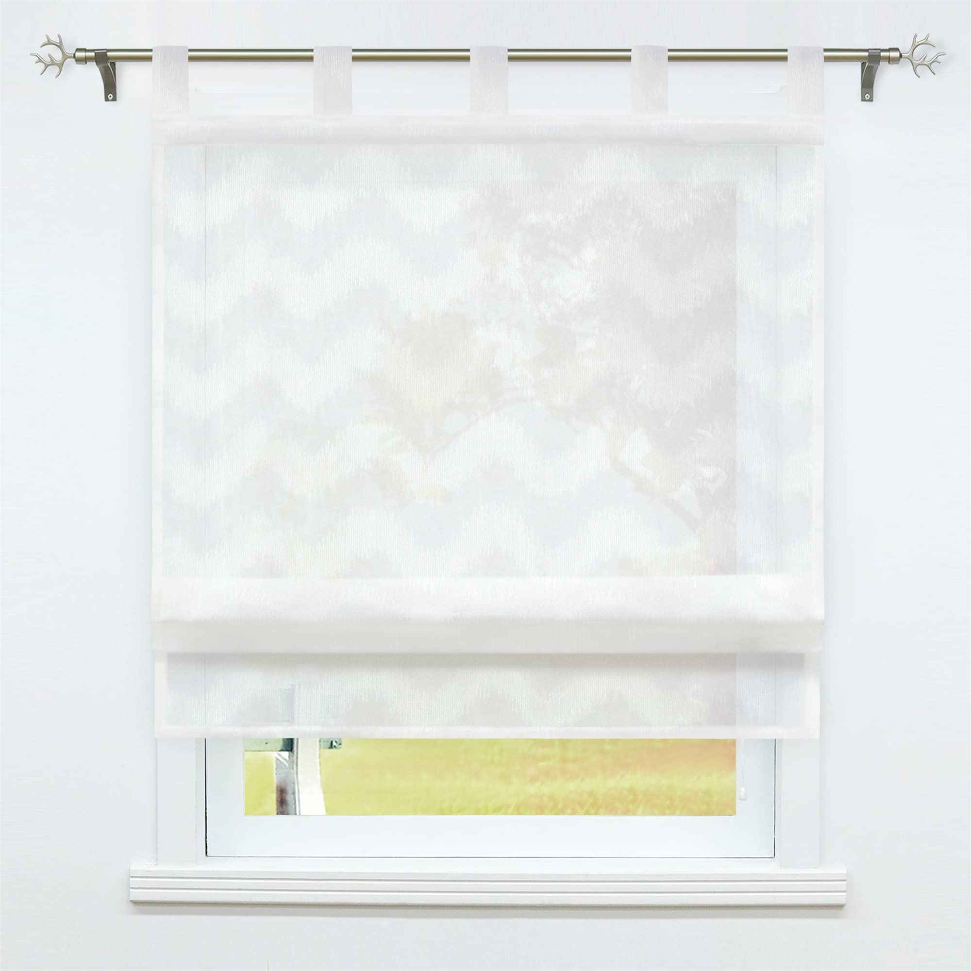 SCHOAL Roman Blind with Loops, Roman Curtain, Country House Kitchen Curtains, Linen Tab-Top Blind, Living Room Curtains with Waves Pattern, White, W x H 120 x 140 cm, Pack of 1