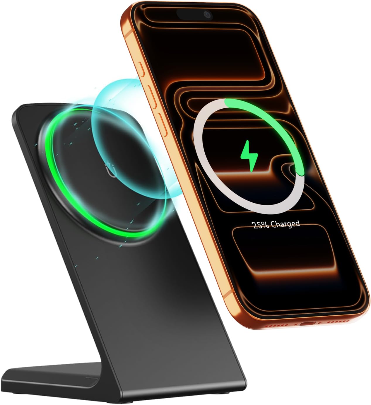Fast Magnetic Wireless Charger,MagSafe Charger Stand for iPhone 17-12 Samsung Galaxy S26-S21 Google Pixel 10-6, with C to C Cable and Sleep-Friendly LED Indicator Ring (Onyx Black, No Adapter)