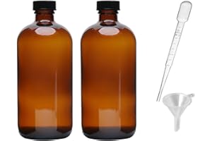 HORMERRY 2pcs 16oz Amber Glass Boston Round Bottles with Air Tight Seal Phenolic Poly Cone Caps.Perfect Glass Containers for Secondary Fermentation,Storing condiment,Homemade Essential Oils,plant,kitchen