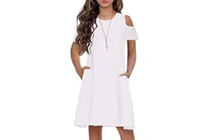 Arshiner Girls Summer Dress Short Sleeve Cold Shoulder Solid Color Swing Casual Dresses with Pockets
