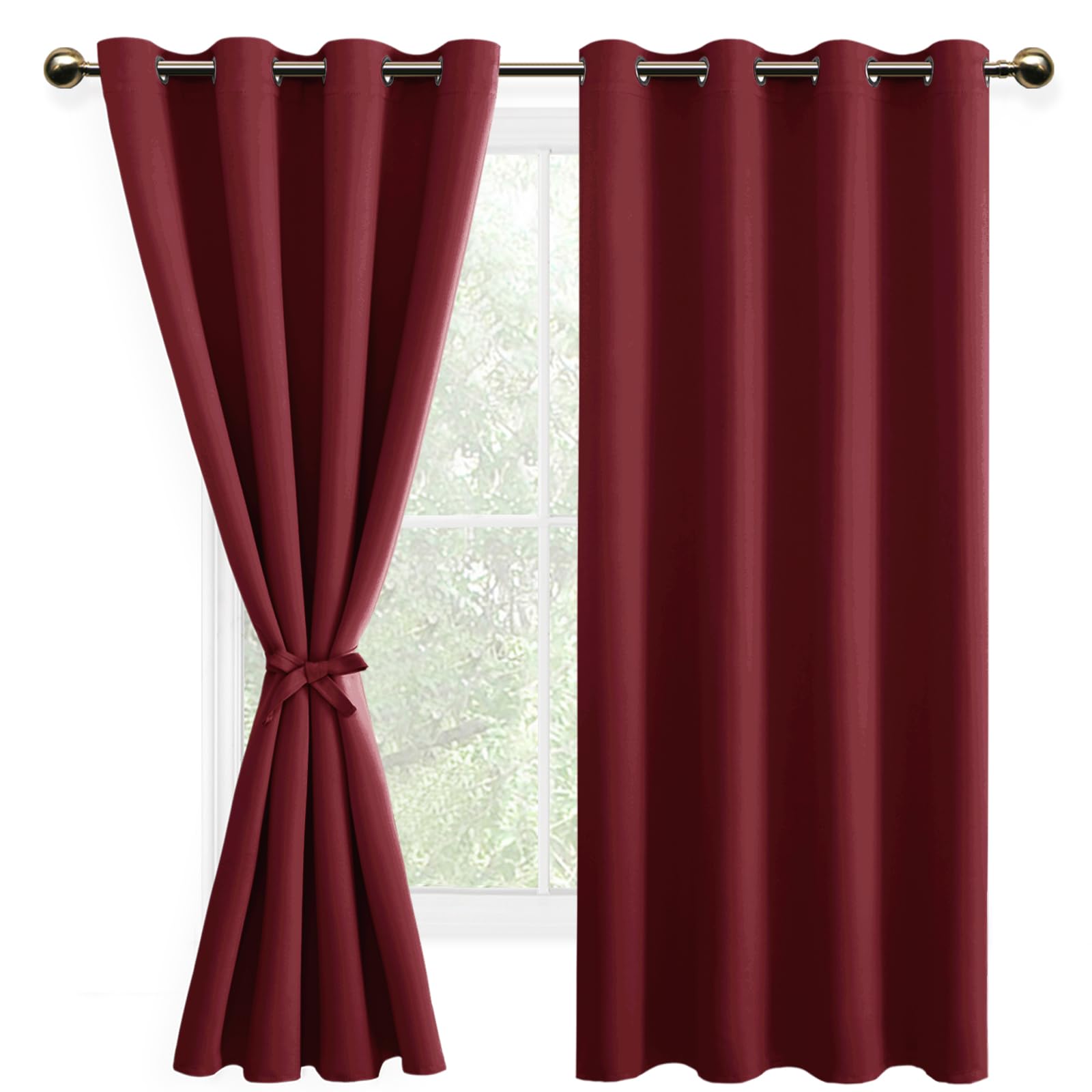 DWCN Blackout Curtains with Tiebacks for Bedroom Thermal Insulated Solid Eyelet Curtains for Living Room,2 Panels,52" Wide x 63" Drop Burgundy