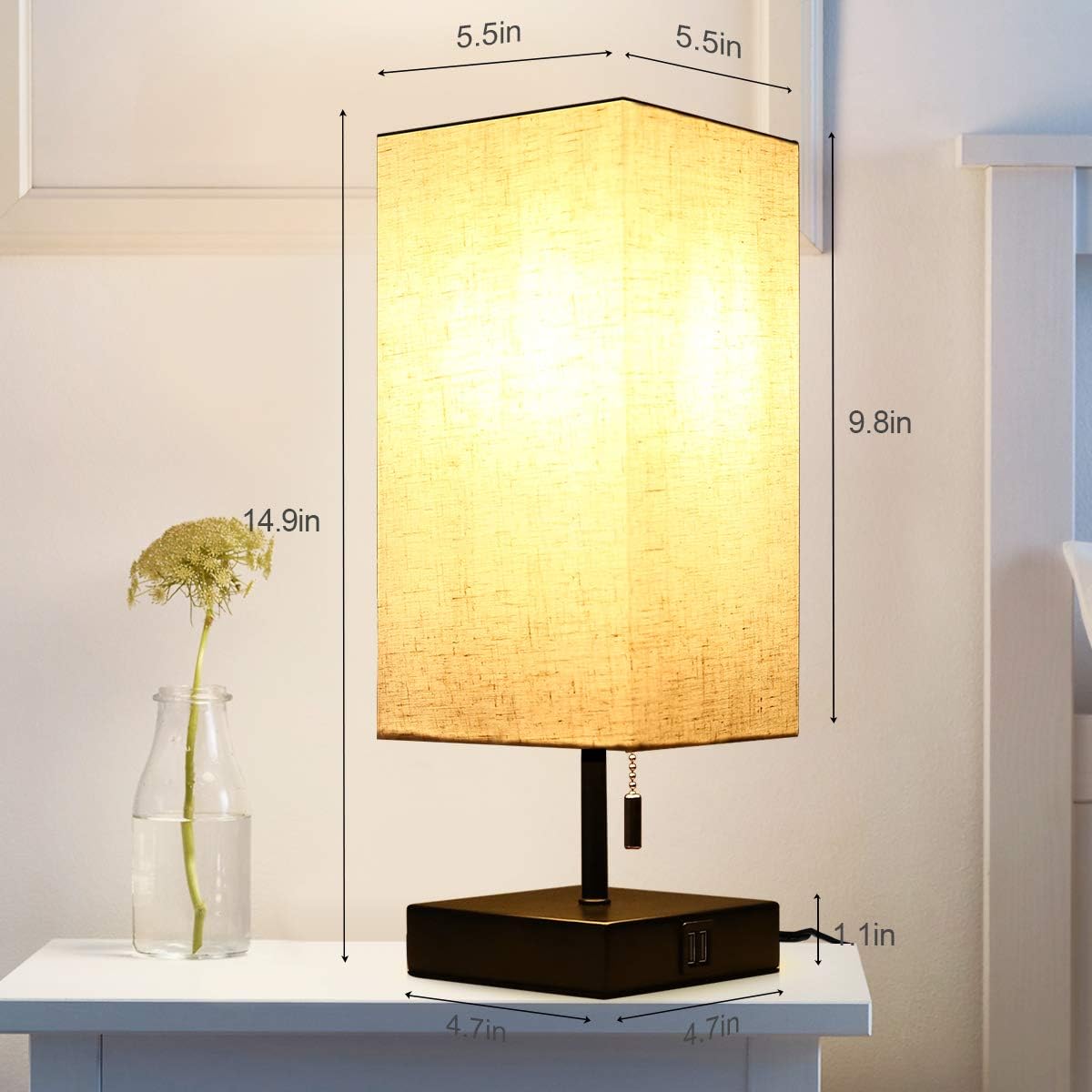HOKEKI Bedside Table Lamp, with 2 Useful USB Ports, Black Charger Base with Beige Fabric Shade, Modern Desk Lamp for Bedroom, Living Room, Kid's Room, Dorm, Office(1PCS) - - 