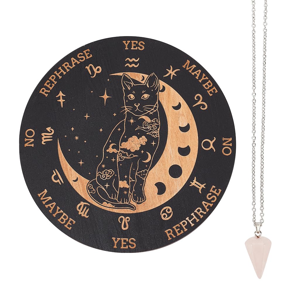 INFUNLY Wooden Pendulum Board 7.9" Cat Moon Witch Dowsing Divination Planchette Board Metaphysical Message Board with Healing Crystal Necklace Witchcraft Wicca Altar Supplies Kit